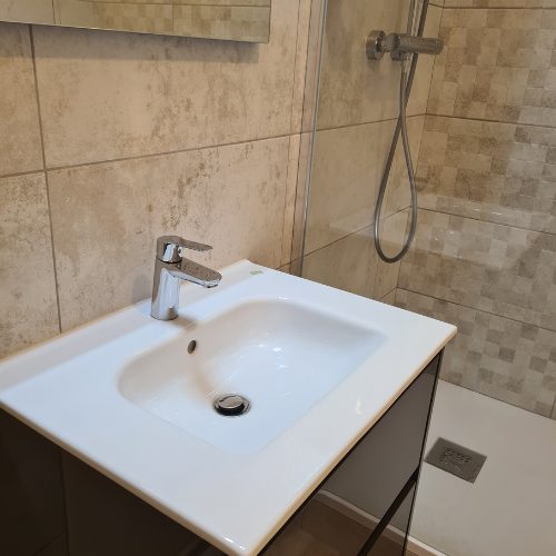 Vasque et douche carrelée dans une salle de bain aux tons beiges