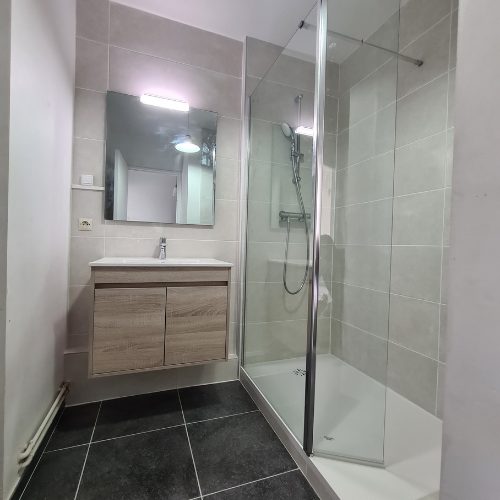 Meuble vasque bois et douche à porte coulissante